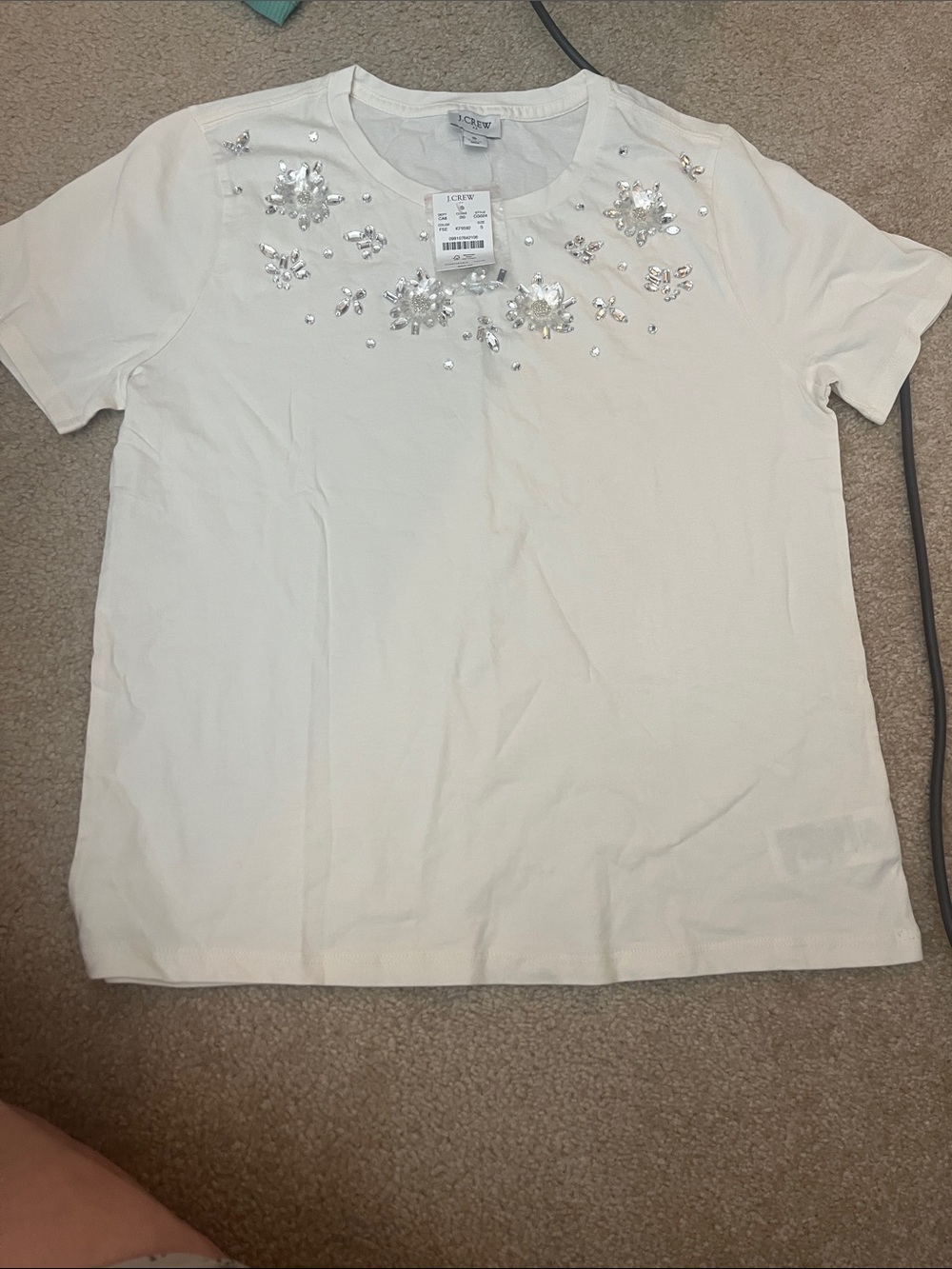 J. Crew White Crewneck Tee with Crystal Floral Embellishment